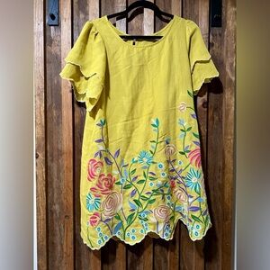 Hand Stitched Floral Embroidered Yellow Midi Dress S/M